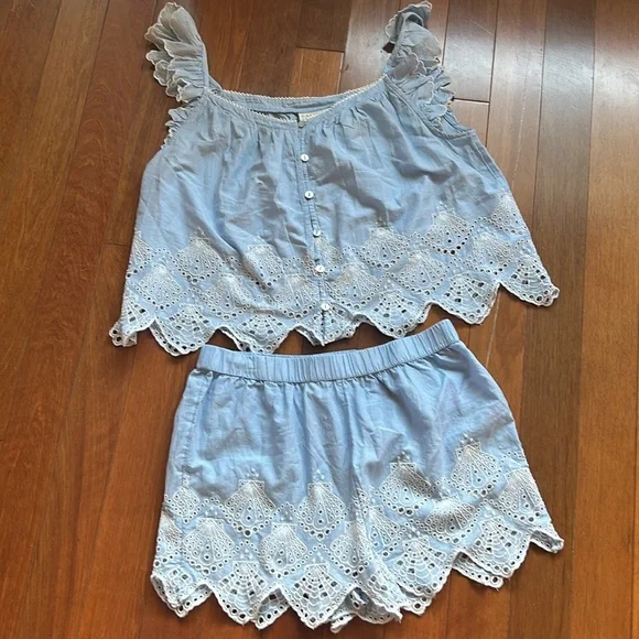 Calypso Womens Blue White Pajama Set Shorts Top New Embroidered Cotton Sz S - Picture 1 of 3